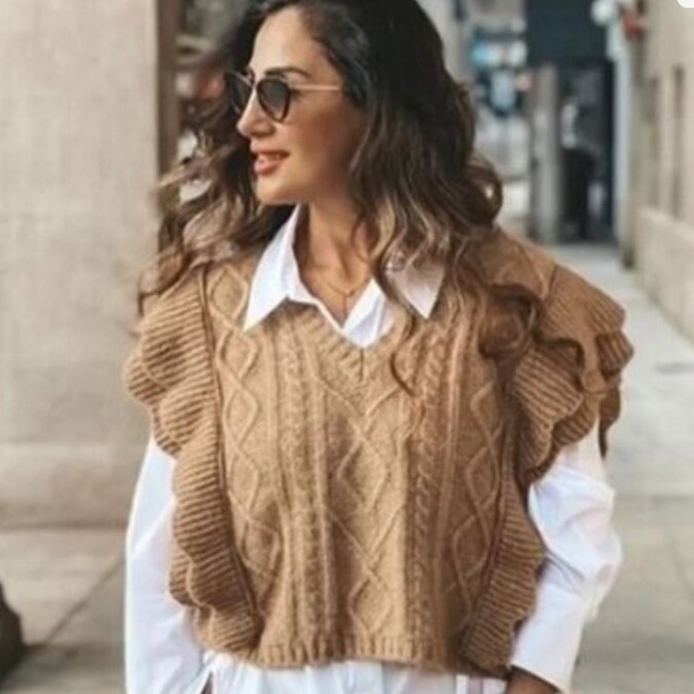 Zara Cable Knit Ruffle Sweater Vest - Tan/latte brown
